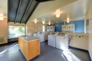 Community Laundry Room with Washers, Dryers, Sink and Large Window at Pinecrest Apartments, Davis